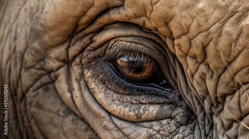 Macroshot of the eye of an elephant. Generative AI. © Markus