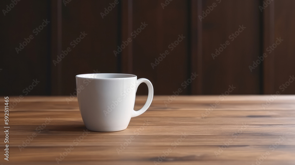 Single empty white cup on a wooden table with workspace beside. Generative AI. Single empty white cup on a wooden table with workspace beside. Generative AI.
