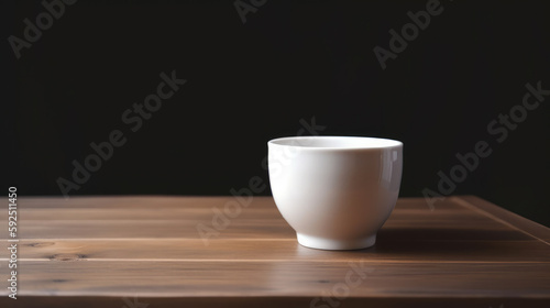 Empty white cup on a wooden table with workspace arround the cup. Generative AI.