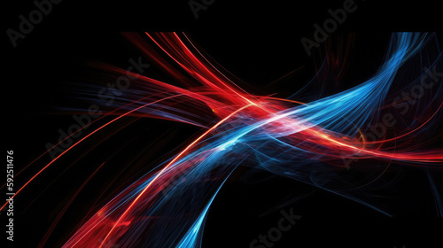 Red and blue waves in front of a clean black wall for a futuristic abstract background. Generative AI.