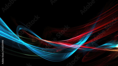 Blue and red waves in front of a black background was a modern futuristic background. Generative AI.