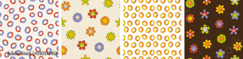 Collection of four patterns, cheery flowers. Decorative endless texture, retro floret, simple cute shapes, flat vector.