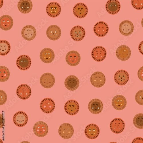 Seamless pattern, roundish abstract faces. Repeating texture, lad strange image. Bright colorful composition.