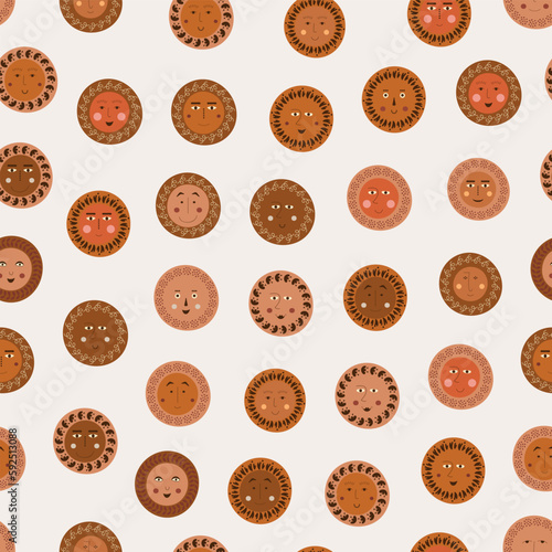 Seamless pattern, sanguine abstract faces. Endless print, lad droll appearance. Colorful vector simple elements.