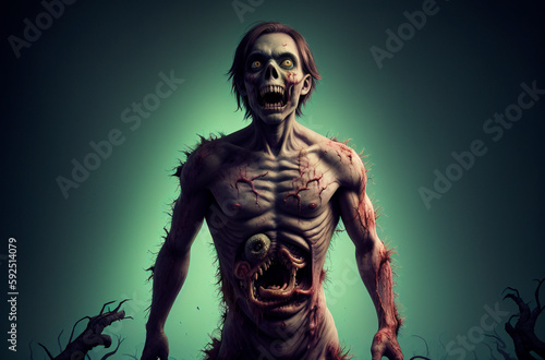 Creepy zombie. Portrait of ugly screaming monster on bright background. Generative AI. © Anton Dios