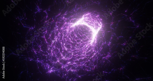 Fototapeta Naklejka Na Ścianę i Meble -  Abstract purple tunnel swirling from lines and particles of triangles glowing futuristic hi-tech with a blur effect on a dark background. Abstract background