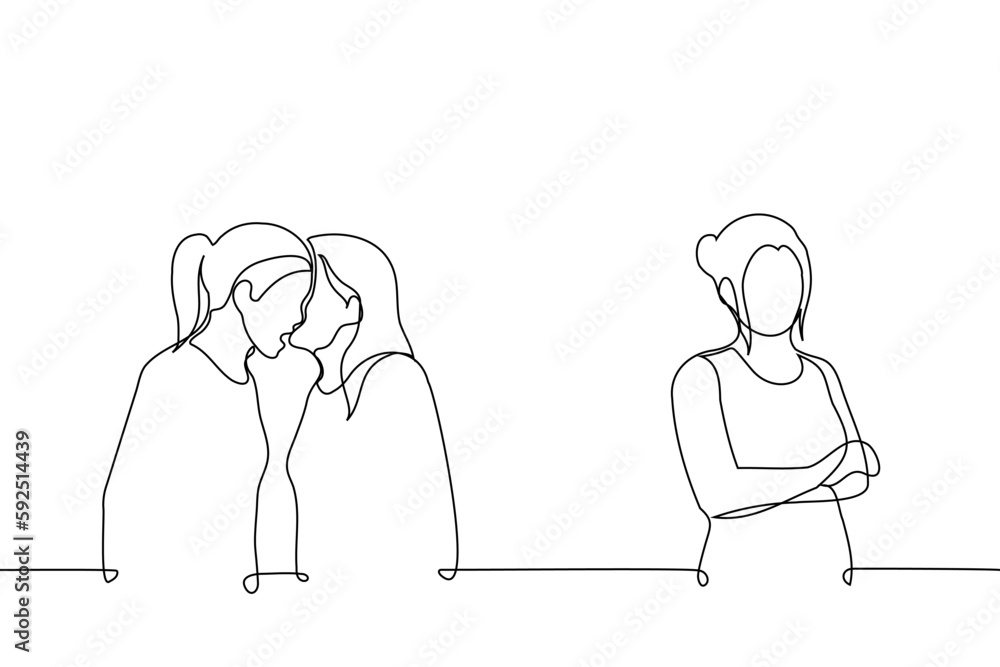 two female friends are discussing whispering in each other's ear, a lonely woman stands apart from them with her arms crossed - one line drawing vector. concept of discussing, envy, boycott, foe two female friends are discussing whispering in each other's ear, a lonely woman stands apart from them with her arms crossed - one line drawing vector. concept of discussing, envy, boycott, foe