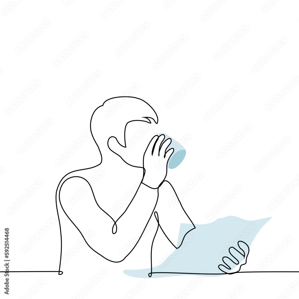 man sits at a table with a newspaper in his hand and drinks from a mug - one line drawing vector. concept reading paper newspaper, breakfast man sits at a table with a newspaper in his hand and drinks from a mug - one line drawing vector. concept reading paper newspaper, breakfast