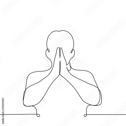 silhouette of a man folded his palms together - one line drawing vector. concept greeting, salutation, prayer, blessing, supplication, gratitude