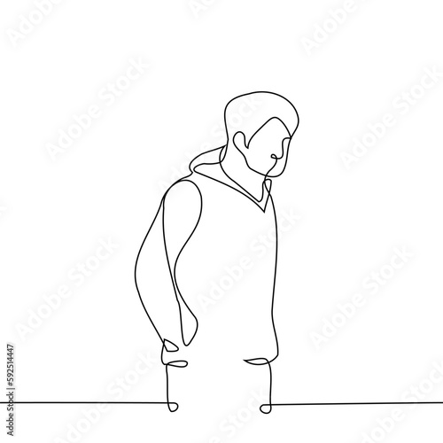 man standing in hoodie with hands in pockets- one line drawing vector. concept man in hoodie