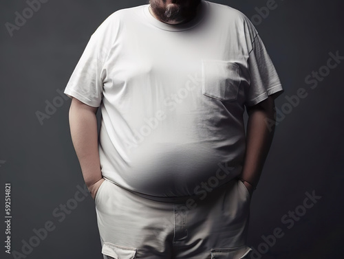 A mockup of a white t-shirt on a fat man posing created with generative ai technology