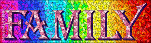 An illustration in the style of a stained glass window with a mosaic image of the word family on an abstract rainbow background