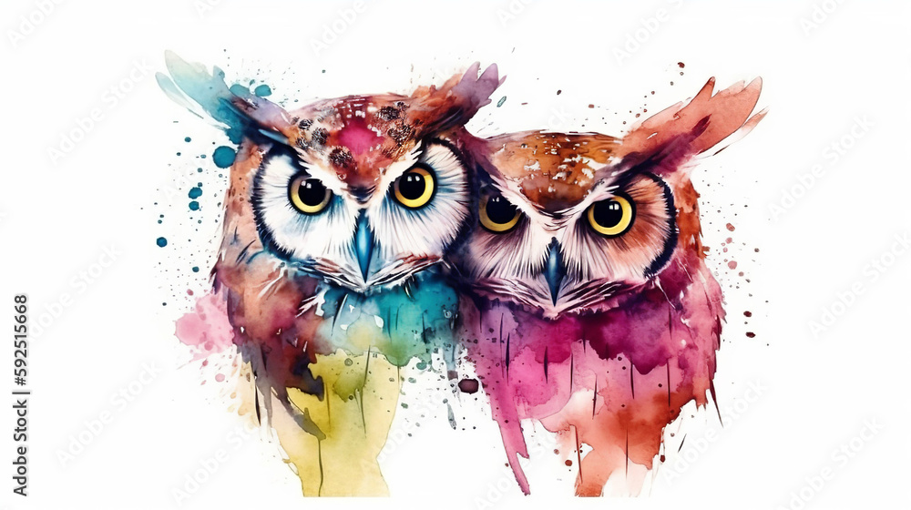 Isolated Colorful Two Owls On White Background, Generative Ai