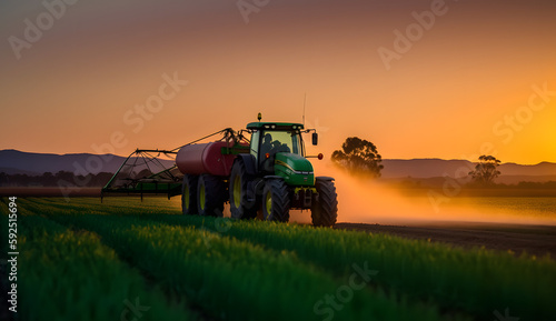 A tractor at sunset spraying crops, in the style of navy and emerald, high-tech futurism, Generative Ai