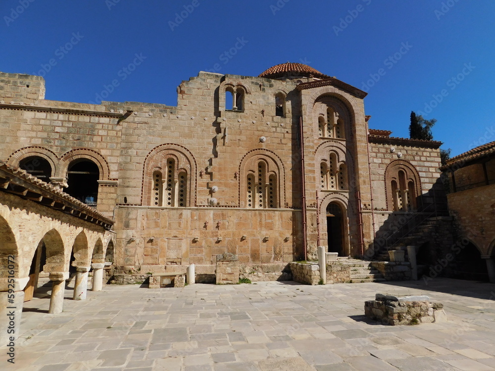 View of the 11th century Byzantine church of the Dafni monastery in Attica, Greece