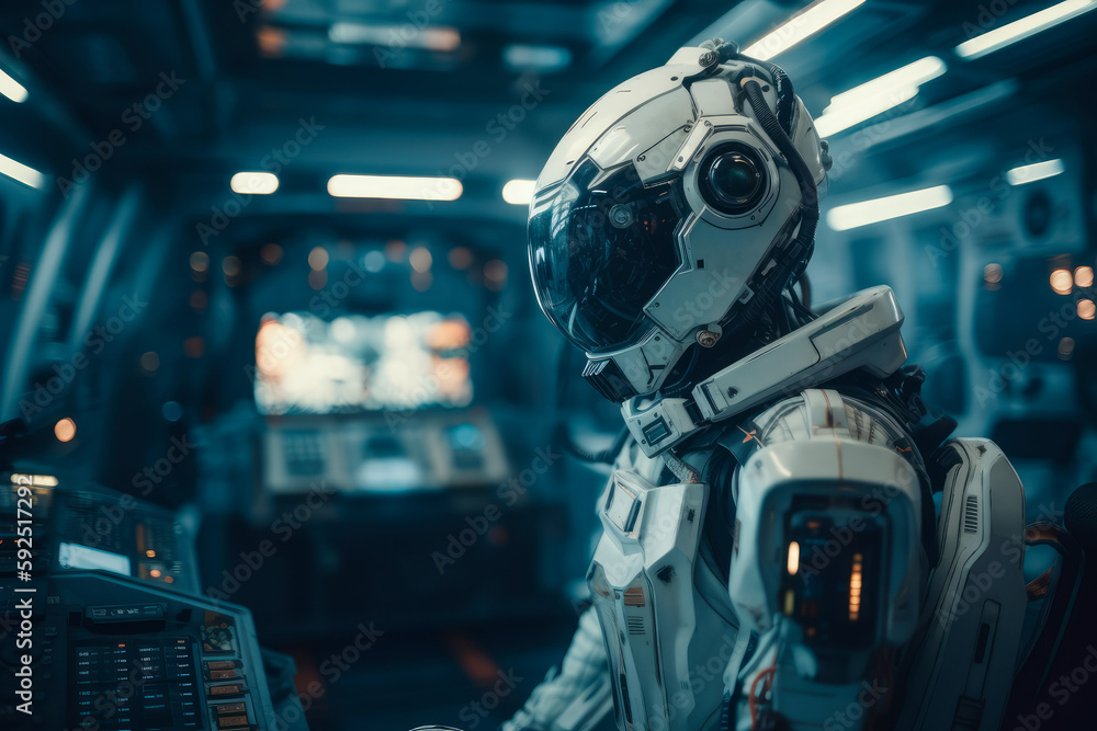 Pilot in sci-fi suit in a futuristic spaceship cockpit. Generative AI Pilot in sci-fi suit in a futuristic spaceship cockpit. Generative AI