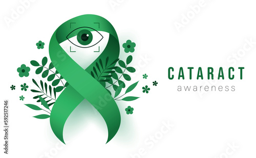 Cataract Awareness Month. Green ribbon, flowers and eye