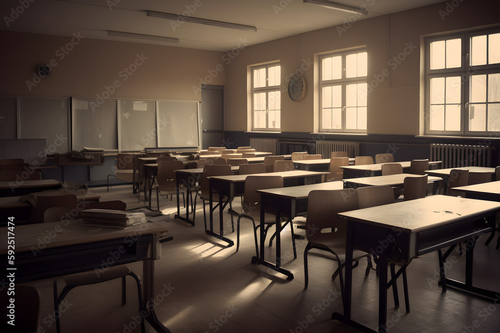 An empty classroom with numerous wooden desks, in the style of solarization effect, light indigo and dark amber, Generative Ai