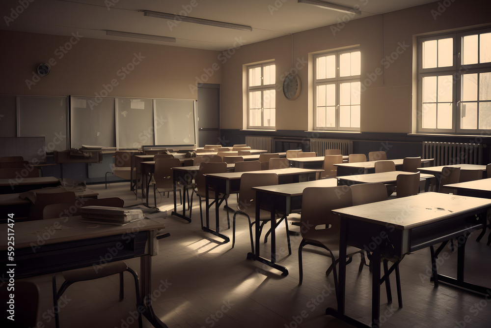 An empty classroom with numerous wooden desks, in the style of solarization effect, light indigo and dark amber, Generative Ai An empty classroom with numerous wooden desks, in the style of solarization effect, light indigo and dark amber, Generative Ai