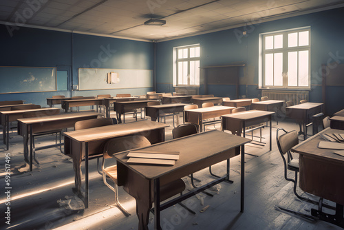 An empty classroom with numerous wooden desks  in the style of solarization effect  light indigo and dark amber  Generative Ai