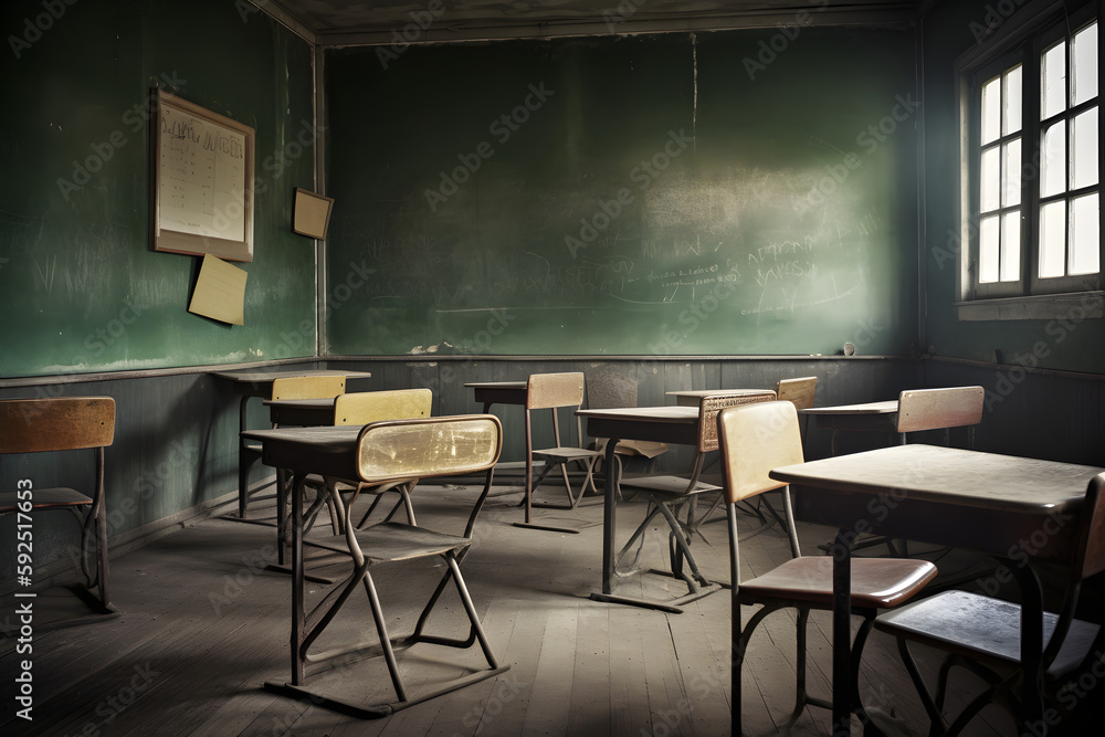 Empty classroom and desks photo, in the style of dark green and orange, Generative Ai Empty classroom and desks photo, in the style of dark green and orange, Generative Ai
