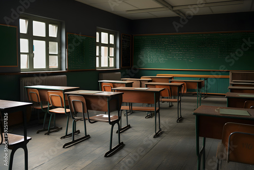 Empty classroom image of brown desks with a chalkboard and blackboard, in the style of dark orange and light green, Generative Ai