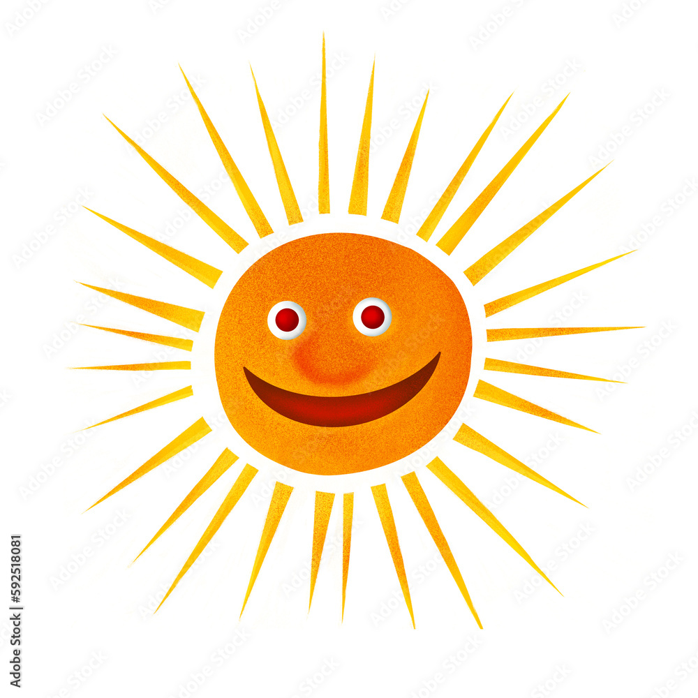 The sun cartoon isolated with a face, smiles and shines. Funny drawing for children.