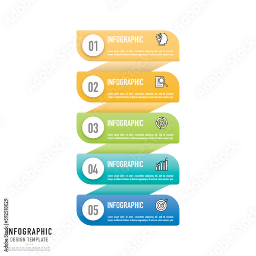 Funnel, ribbon or paper origami infographic template or element with 5 step, process, option, colorful 3D rectangle, circle, button, tag, stair, ladder, rectangular, circular, label for sale slide