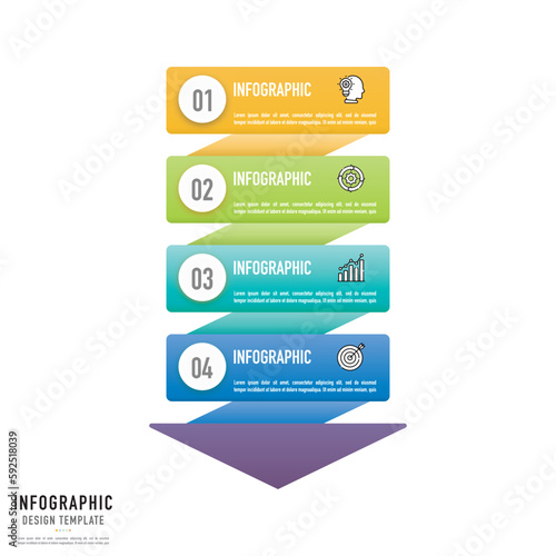 Funnel, ribbon, paper origami infographic template or element with 4 step, process, option, colorful rectangle, tag, button, arrow, stair, ladder, circle, circular, label for sale slide, brochure, web