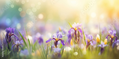 Iris flowers. Blooming irises in green grass, blurred floral background. Spring floral background for greeting card for Mother's day, Birthday, Father day, Wedding. Generative ai illustration © maxa0109