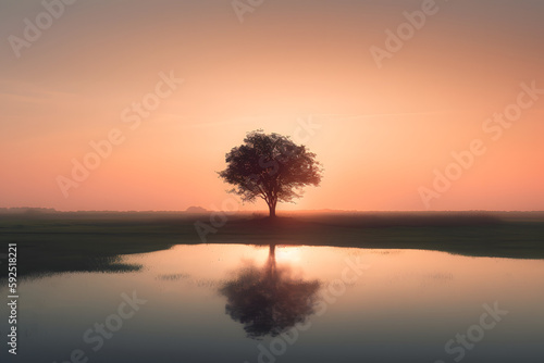 sunset on the lake lone tree generative ai