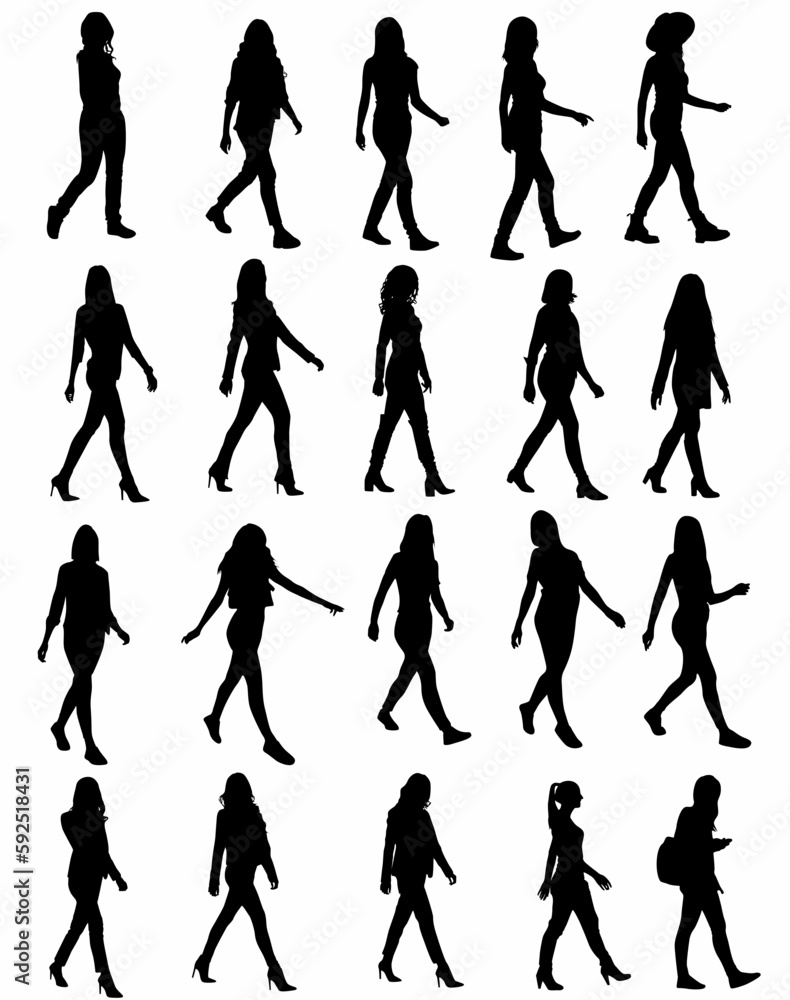 Vector set of walking woman silhouettes, logos, icons