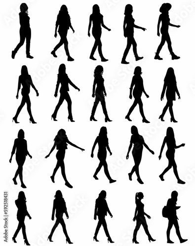 Vector set of walking woman silhouettes, logos, icons