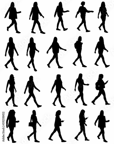 Vector set of walking woman silhouettes, logos, icons