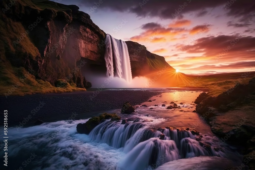 Waterfall during the sunset beautiful waterfall in Iceland
