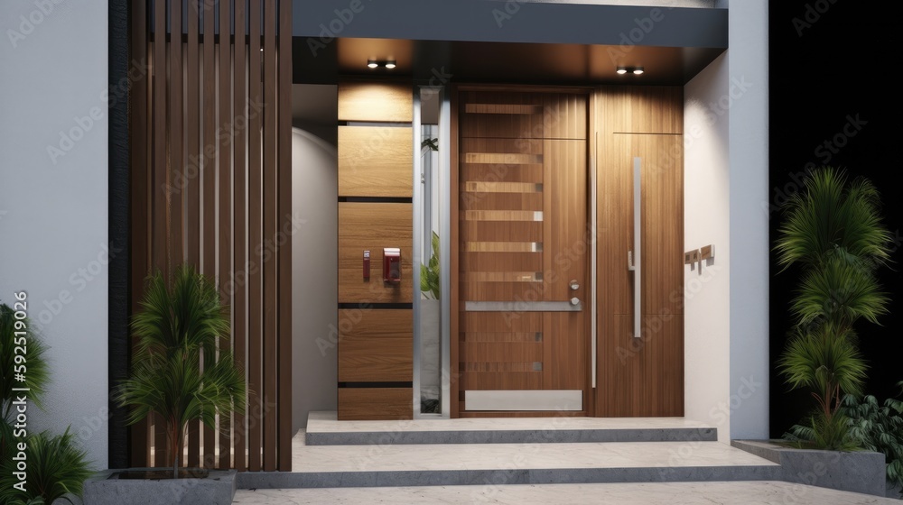 Fototapeta premium Modern wooden entrance door for the natural effect so you always come home warmly. Generative AI Technology