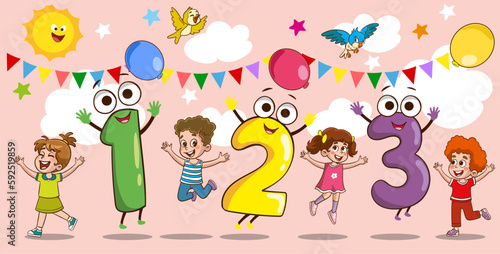 vector illustration of kids learning math with colorful numbers.Concept Of Multi Colored Numbers.