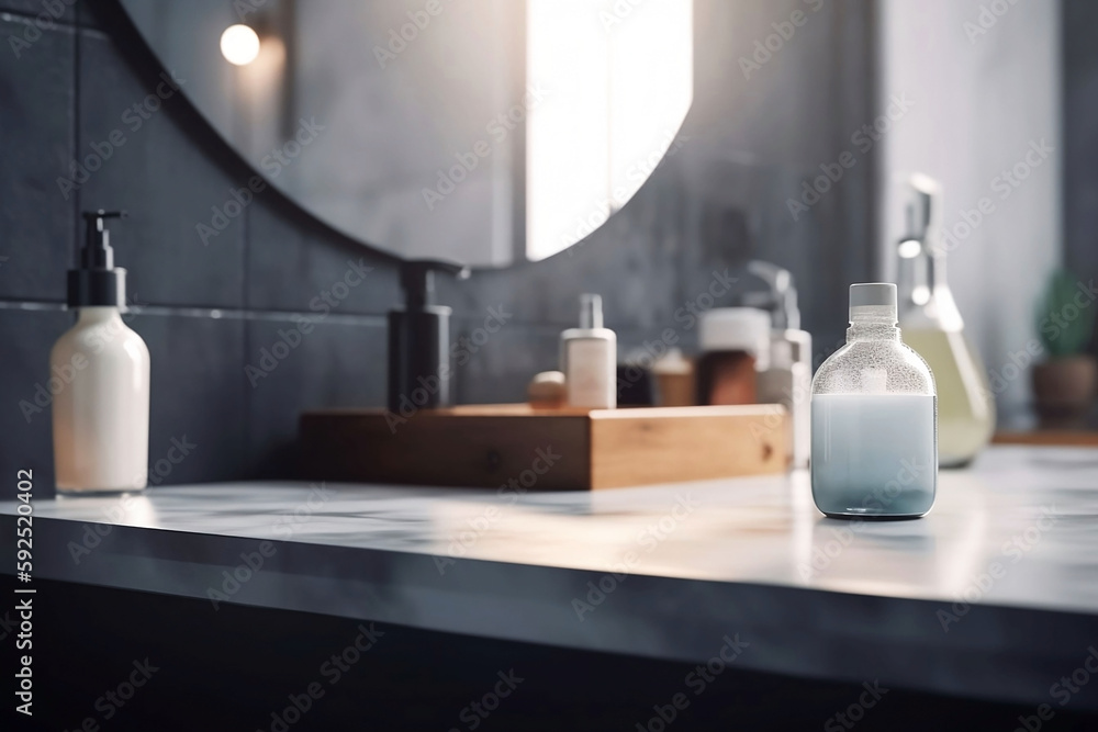 Empty Table Top in Bathroom with Blurred Background and Copy Space for Product Empty Table Top in Bathroom with Blurred Background and Copy Space for Product