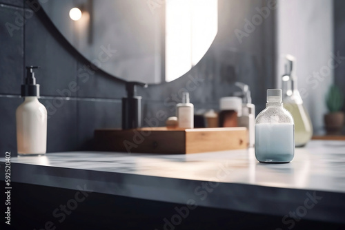Empty Table Top in Bathroom with Blurred Background and Copy Space for Product
