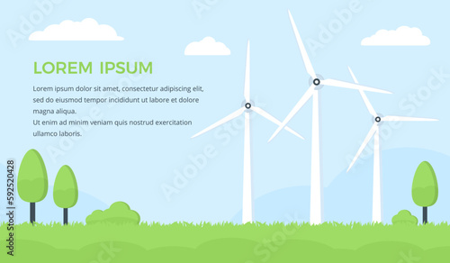 Landscape with wind turbines, trees and grass on the blue sky background with clouds, green energy concept, place for your text, vector eps10 illustration