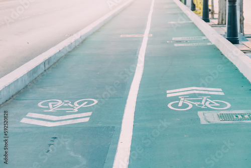 Painted blue Bicycle lane in city park. Eco environment and green and healthy transport. Bike path