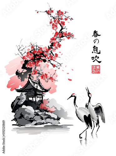 Photo Japanese cranes against the background of an arbor and a branch of cherry blossoms