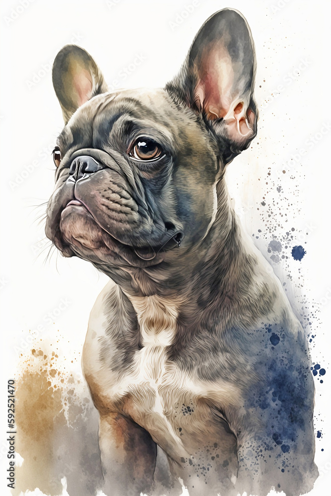 Brindle French Bulldog dog watercolor painting. Generative AI illustration