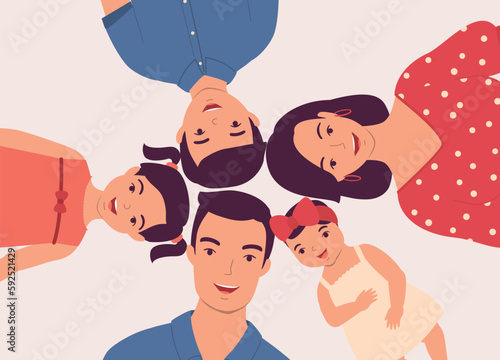 Top View Of Smiling Family With Three Children Lying Down In A Circle. Half Length. Flat Design Style, Character, Cartoon.