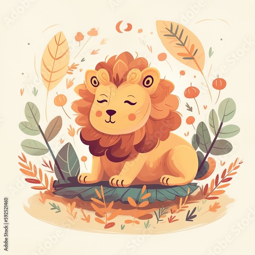 Cute lion sitting on the grass with leaves Generative Ai