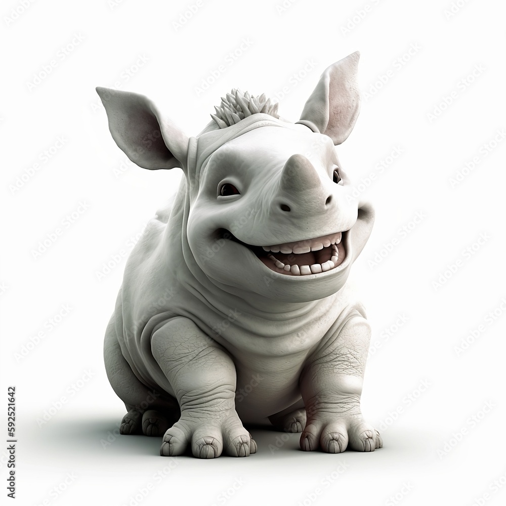 rhino cartoon isolated white background, cute, 3D, cartoon, Generative AI, animal