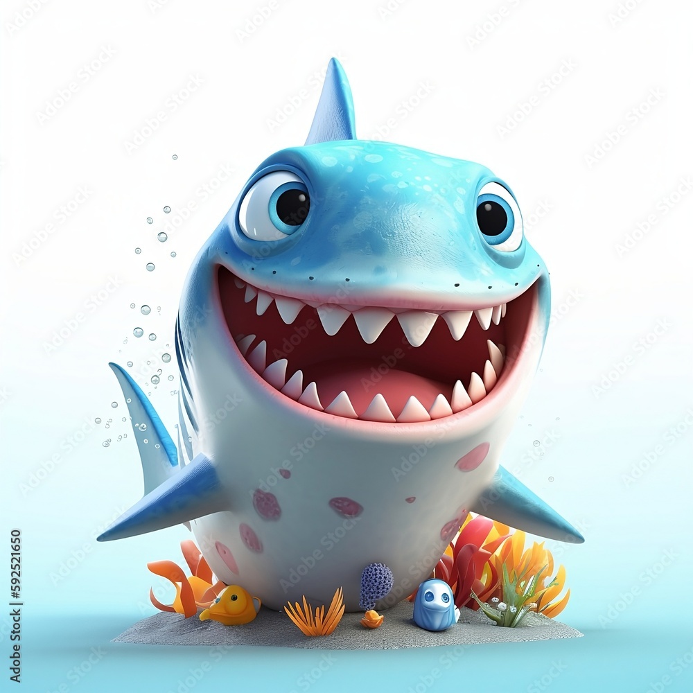shark with a smile white background, cute, 3D, cartoon, Generative AI ...