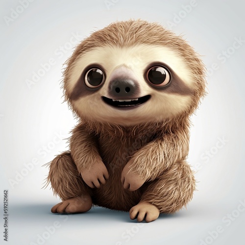 Sloth  white background, cute, 3D, cartoon, Generative AI, animal