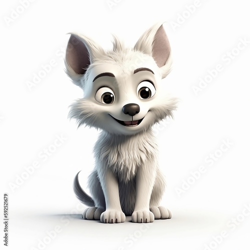 wolf white background, cute, 3D, cartoon, Generative AI, animal