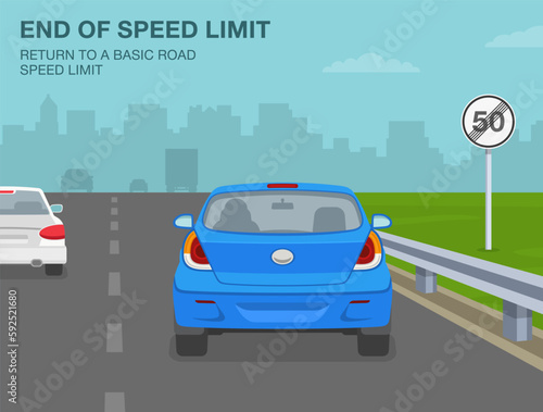 Safe car driving tips and traffic regulation rules. End of speed limit sign meaning. Return to a basic speed limit. Back view of a car on motorway. Flat vector illustration template.